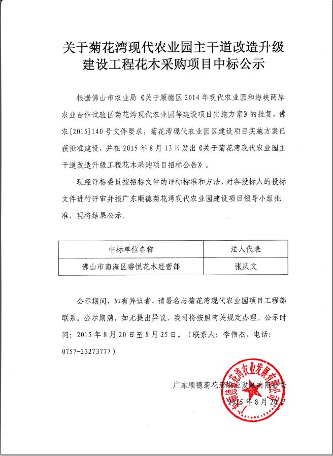 关于菊花湾现代农业园主干道改造升级建设工程花木采购项目中标公示